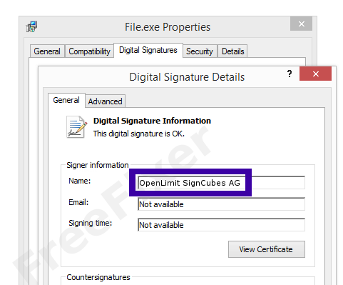 Screenshot of the OpenLimit SignCubes AG certificate